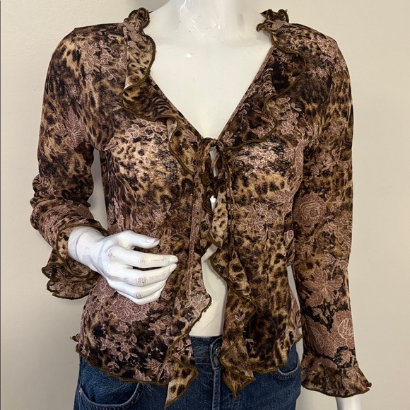 But Mainly Tops - Vintage Euro Y2K But Mainly Leopard & Floral Print Ruffle Mesh Top Cavalli Vibes